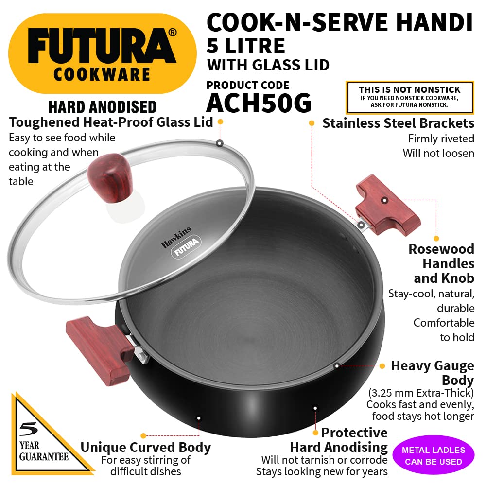 Hawkins Futura Hard Anodised Cook n Serve Handi With Glass Lid 5 Litres | 26cm, 3.25mm - ACH 50G