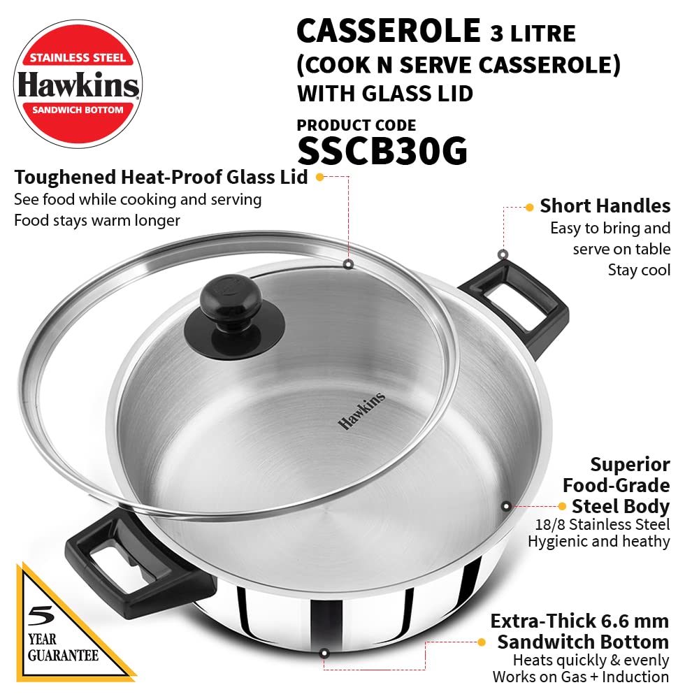 Hawkins 3 Litres Stainless Steel Sandwich Bottom Cook n Serve Casserole with Glass Lid 24cm - SSCB30G