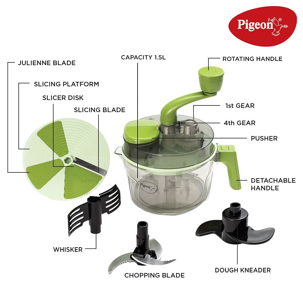 Pigeon Tornado Turbo Manual Chopper 1.5 Litres Used for Chopping, Atta Kneader, Slicing, Shredding and Whipping, Green - 14691