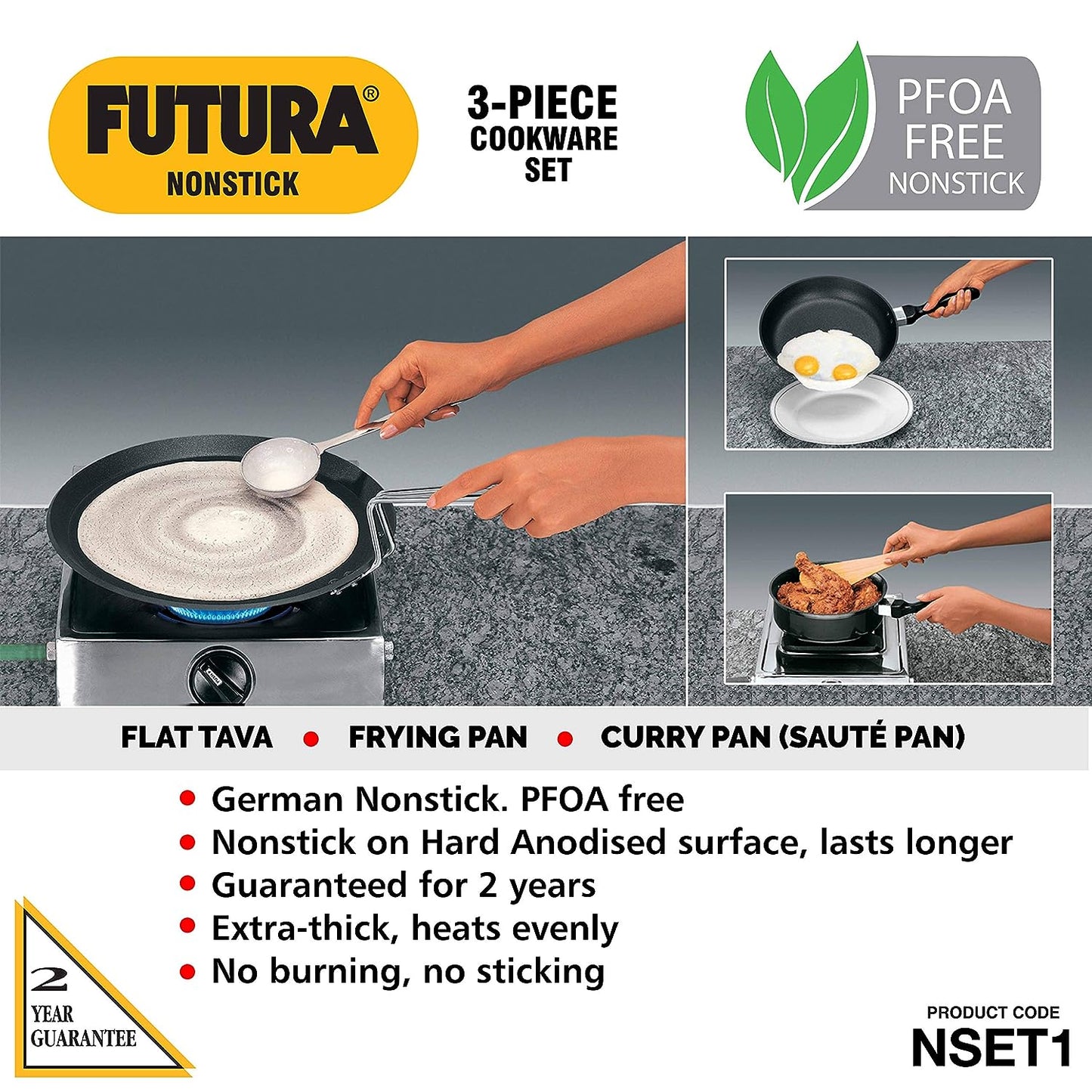 Hawkins Futura 3 Pieces Non Stick Cookware Set 1 - 30cm Flat Tava, 22cm Frying Pan and 2 Litres Curry Pan with One Stainless Steel Lid - NSET1
