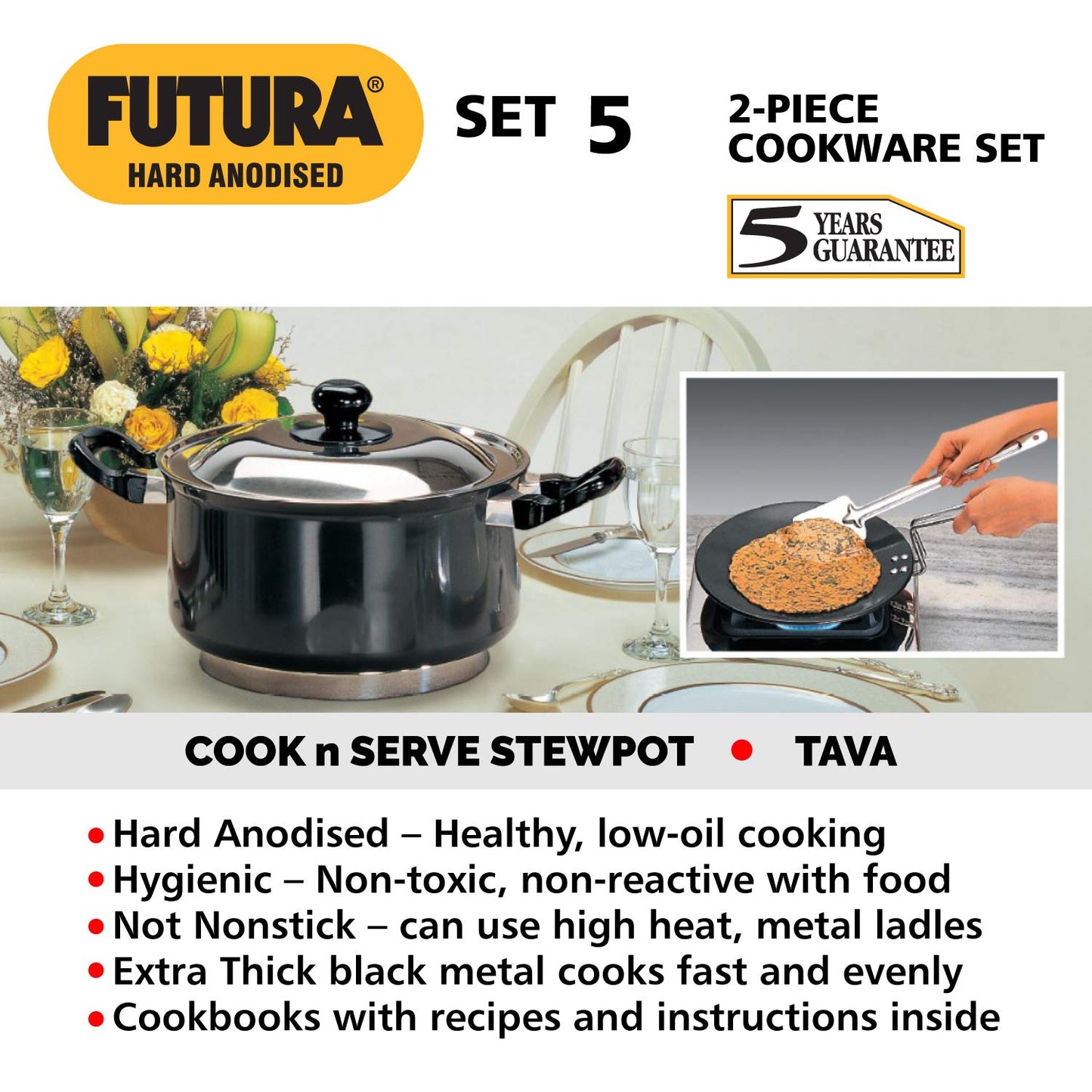 Hawkins Futura 2 Pieces Hard Anodised Cookware Set 5 - 22cm Tava and 2.5 Litres Stewpot with One Stainless Steel Lid - ASET5