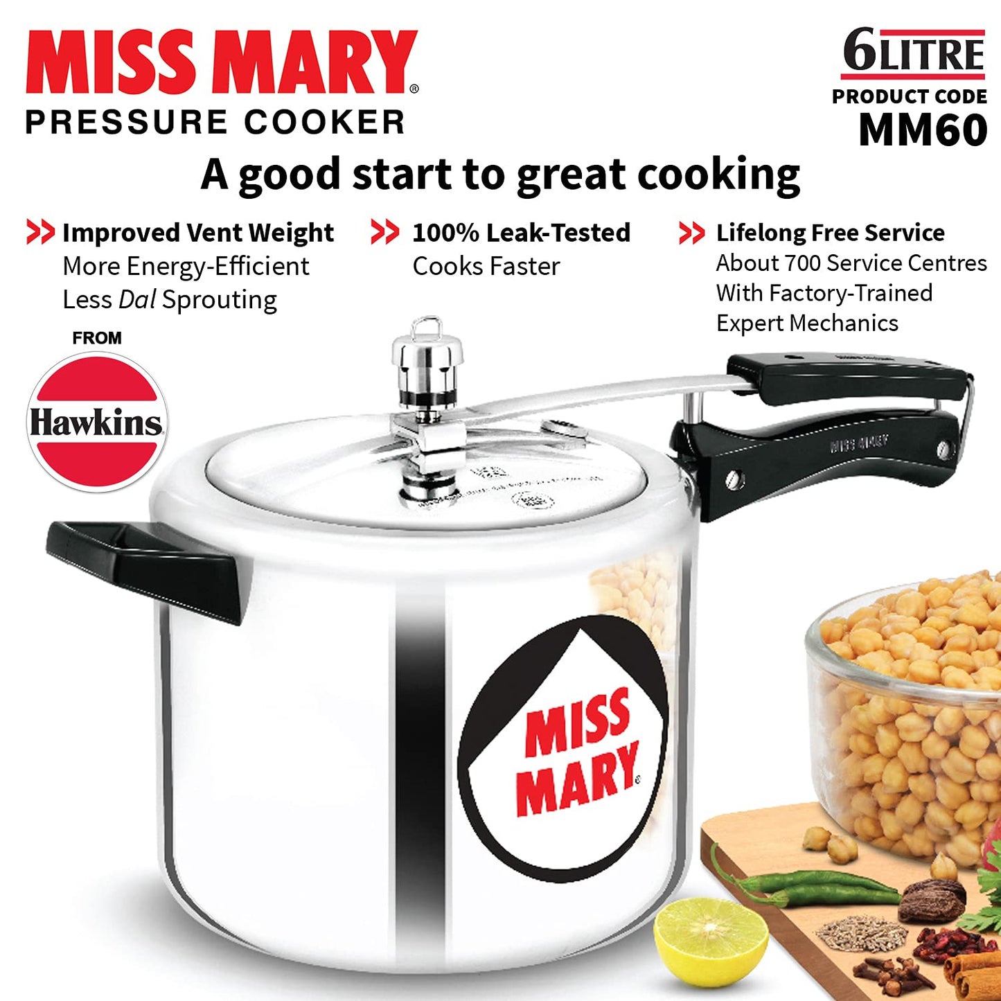 Hawkins Miss Mary Aluminium Inner Lid Pressure Cooker 6 Litres - MM60