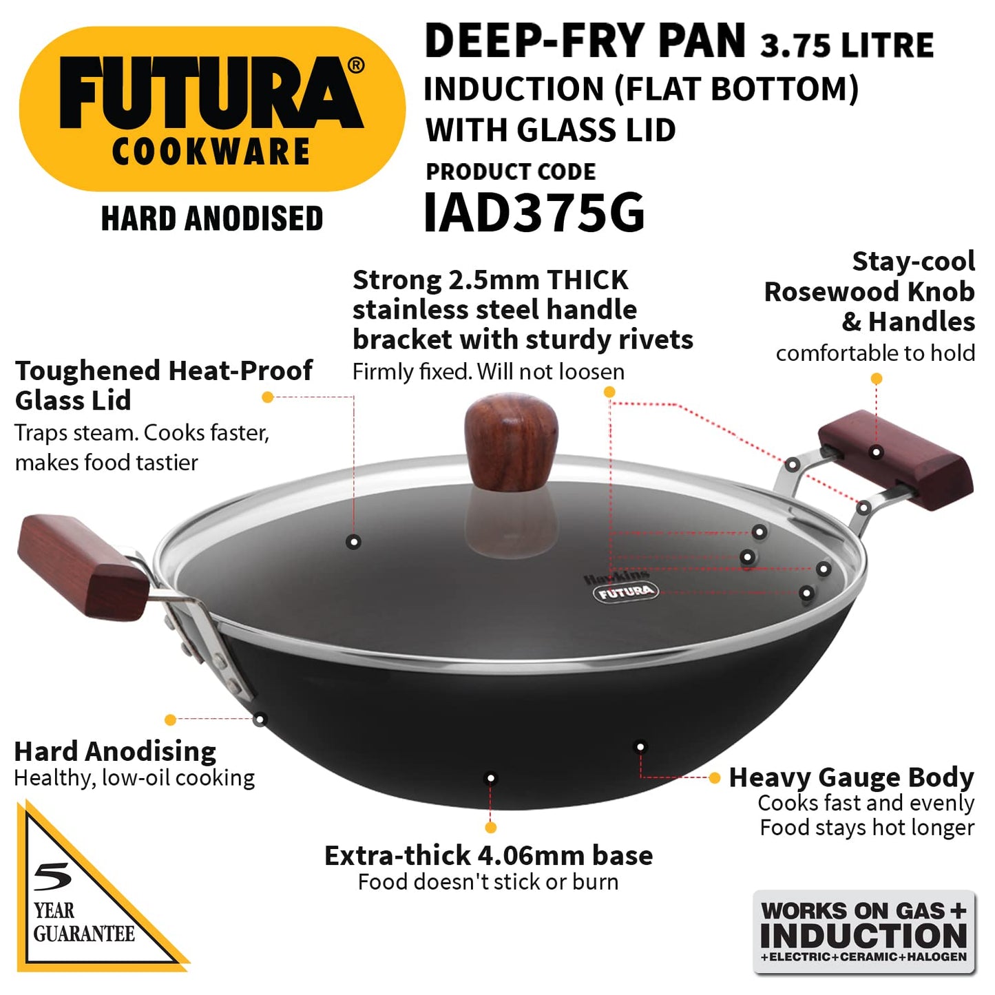 Hawkins Futura Hard Anodised Flat Bottom Induction Base Deep Fry Pan With Glass Lid 3.75 Litres | 30 cms, 4.06mm - IAD 375G