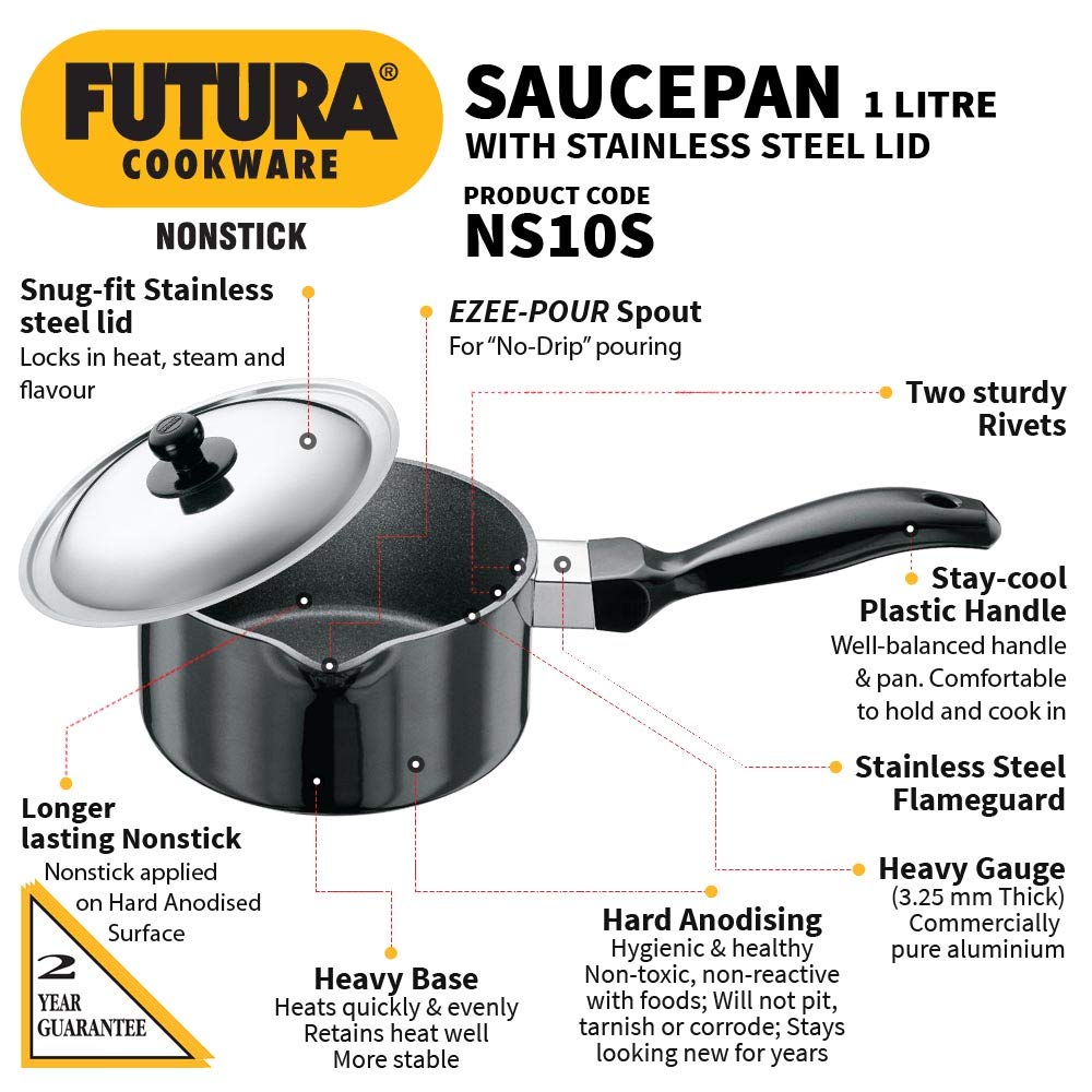 Hawkins Futura Non-stick Sauce Pan With Stainless Steel Lid 1 Litres | 14cm, 3.25mm- NS 10S