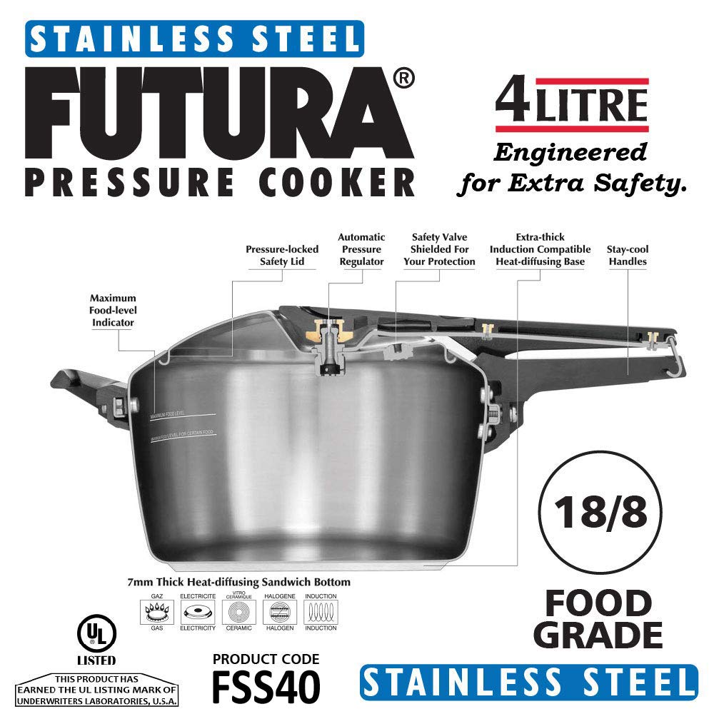 Hawkins Futura Stainless Steel Inner Lid Pressure Cooker Induction Base 4 Litres - FSS40