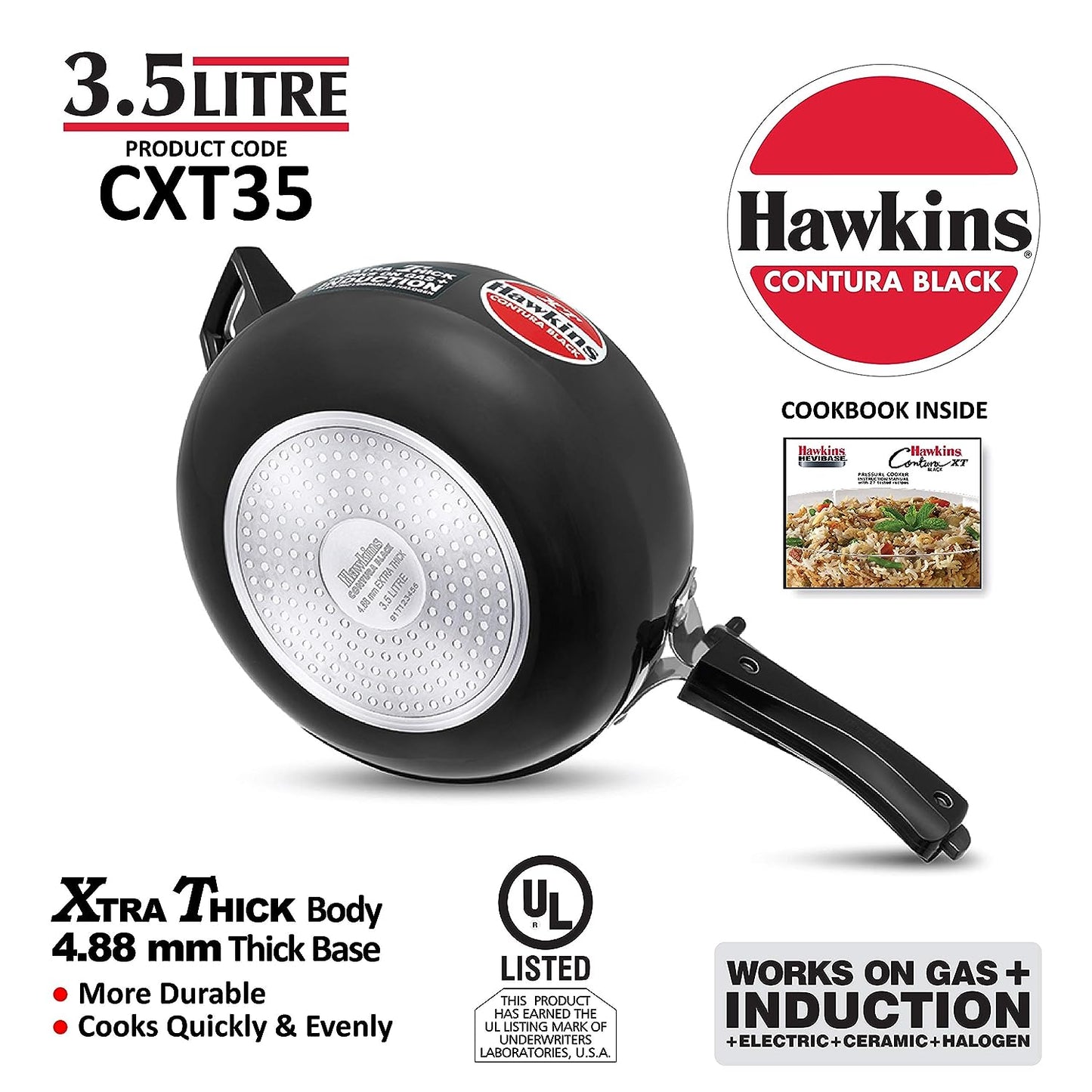 Hawkins Contura Black XT Hard Anodized Inner Lid Pressure Cooker, 3.5 Liters - CXT35
