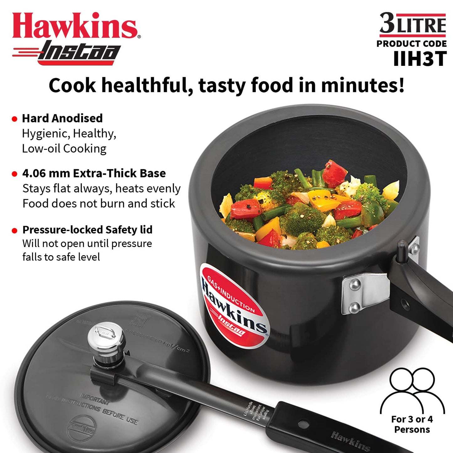 Hawkins Instaa 3 Litres Hard Anodised Pressure Cooker, Induction Base Inner Lid Cooker, Black - IIH3T