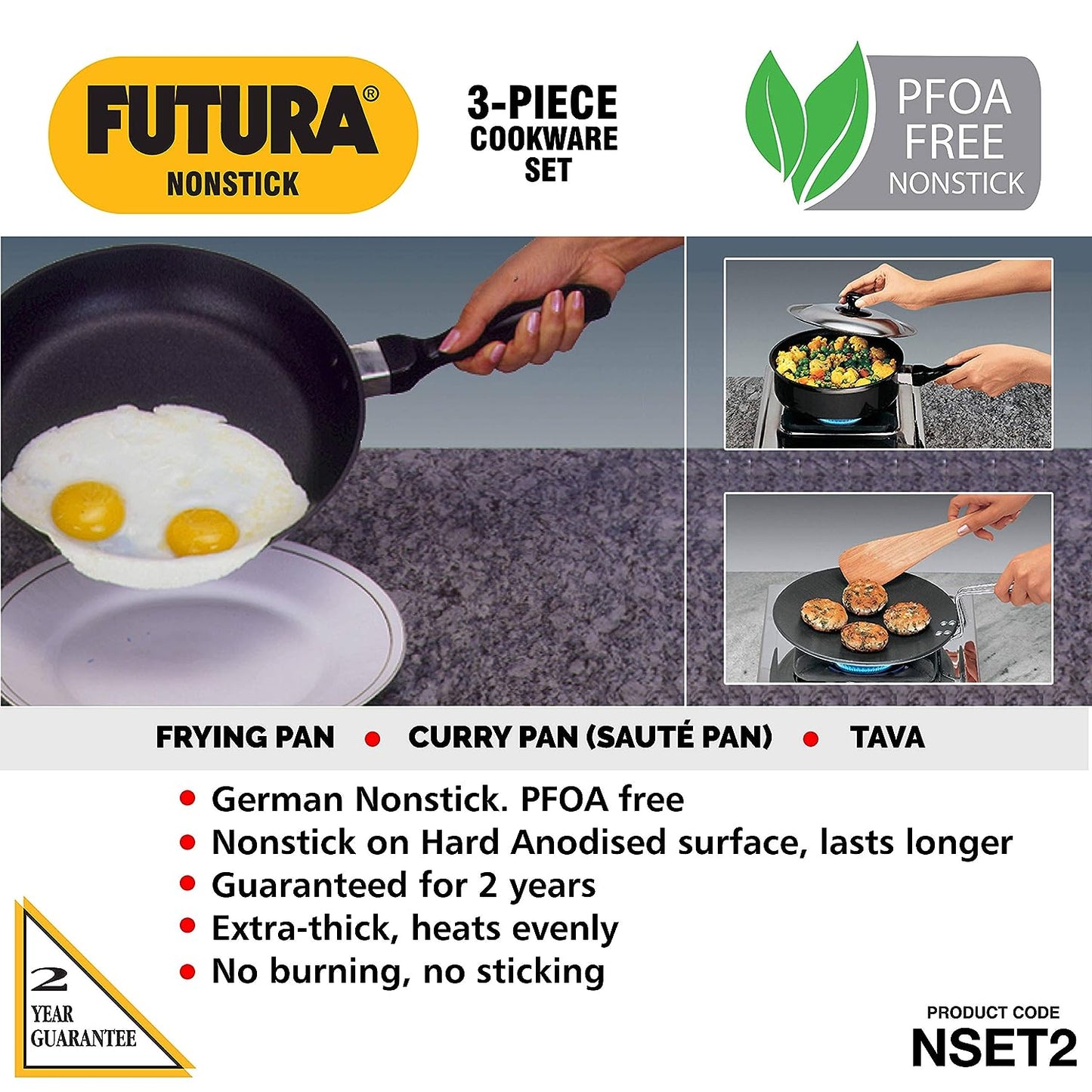 Hawkins Futura 3 Pieces Non Stick Cookware Set No. 2 - 26cm Tava, 26cm Frying Pan and 3.25 Litres Curry Pan with One Stainless Steel Lid - NSET2