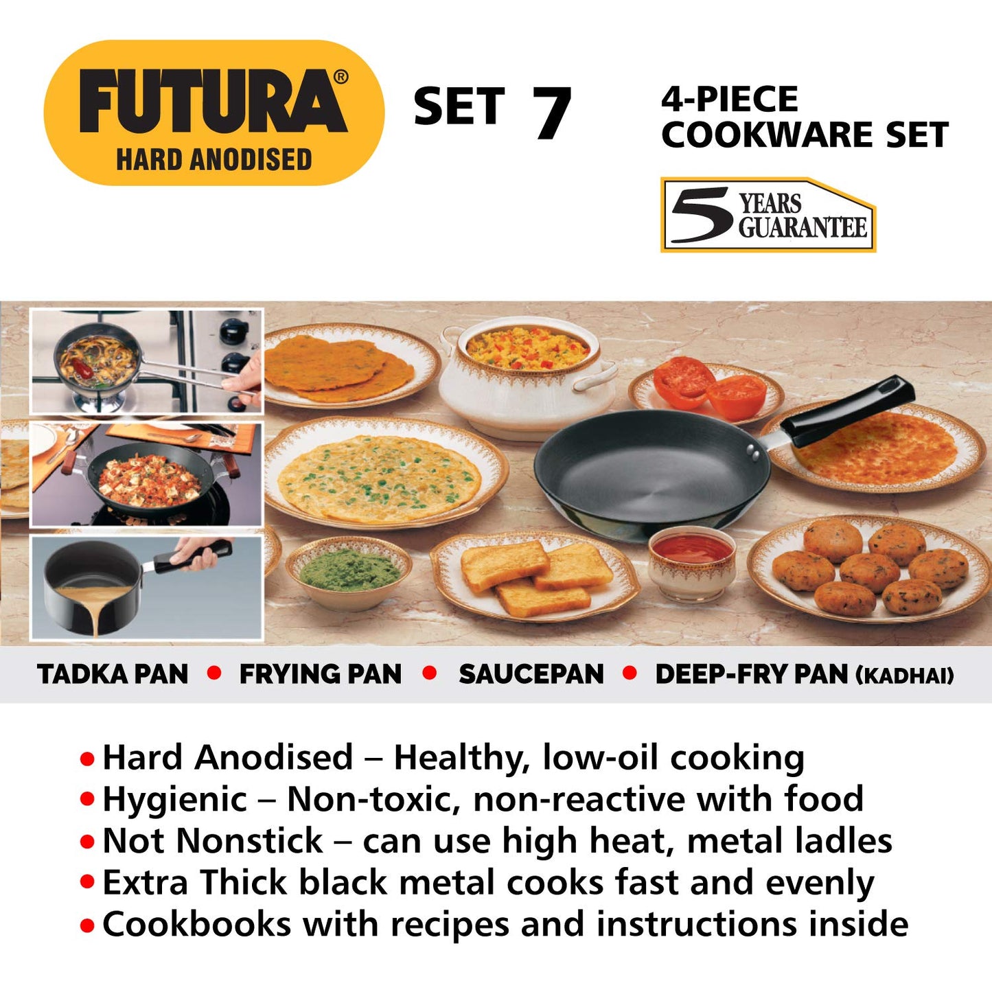 Hawkins Futura 4 Pieces Hard Anodised Cookware Set 7 - 1 Cup Tadka Pan, 18cm Fry Pan, 2.75 Litre Kadhai With SS Lid and 1.5 Litre Suace Pan With SS Lid - ASET7
