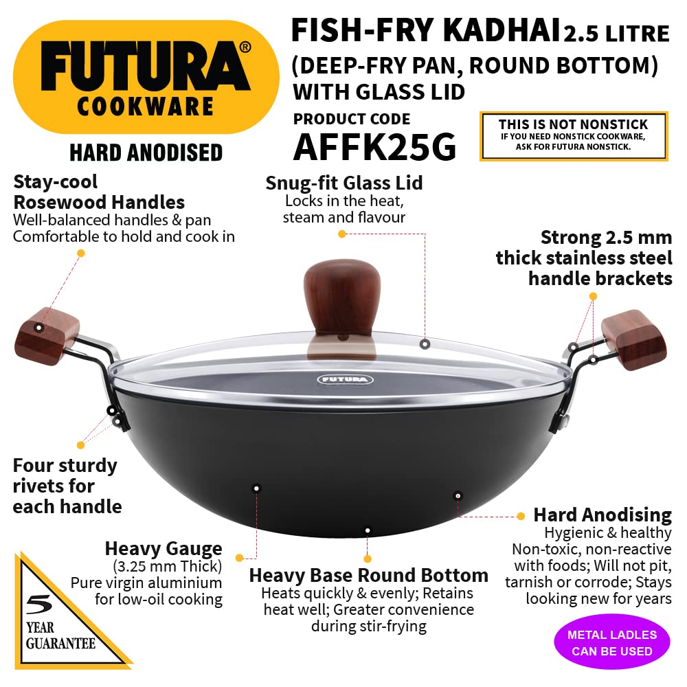 Hawkins Futura Hard Anodised Round Bottom Deep Fry Pan With Glass Lid 2.5 Litres | 25 cms, 3.25mm - AFFK 25G