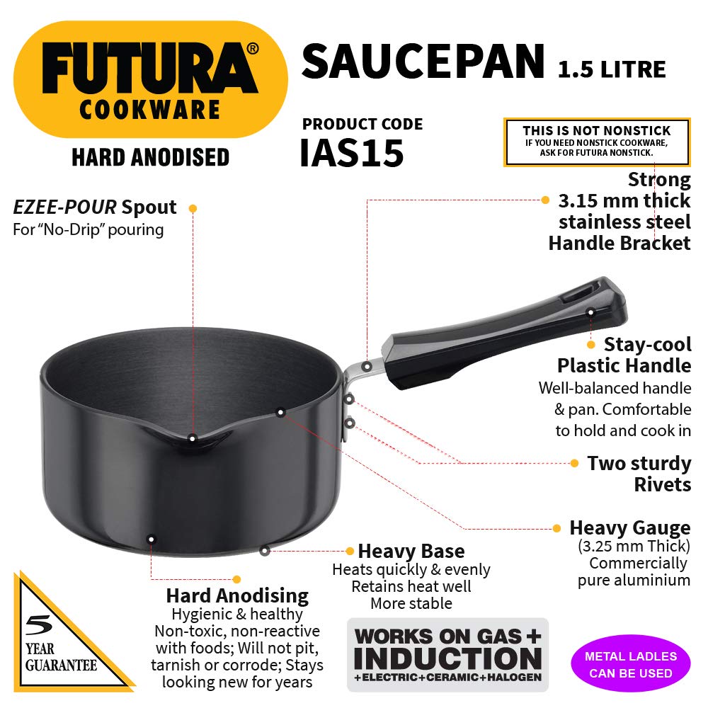 Hawkins Futura Hard Anodised Sauce Pan 1.5 Litres | 16cm, 3.25mm, Induction Base - IAS 15