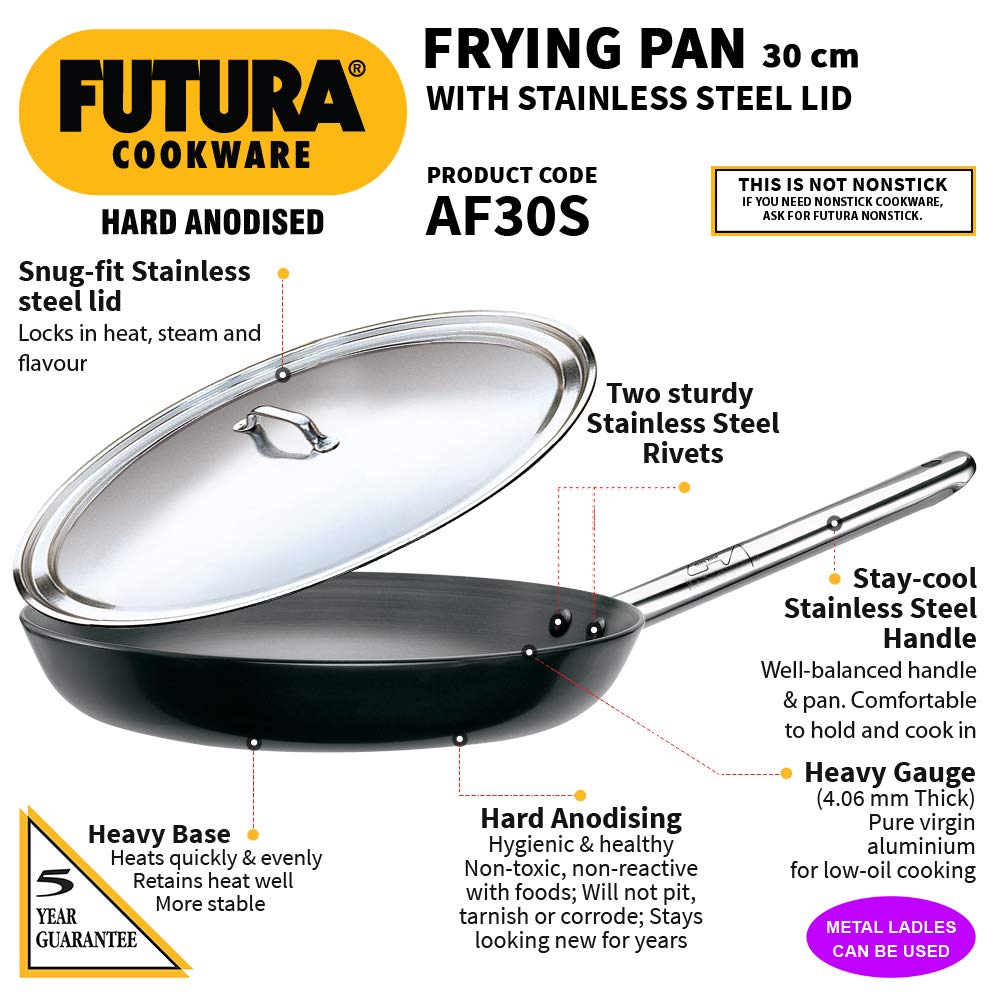 Hawkins Futura Hard Anodised Fry Pan With Stainless Steel Handle & Lid 30 cms | 4.06mm - AF 30S