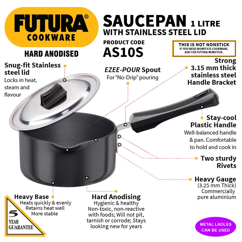 Hawkins Futura Hard Anodised Sauce Pan With Stainless Steel Lid 1 Litre | 14cm, 3.25mm - AS 10S