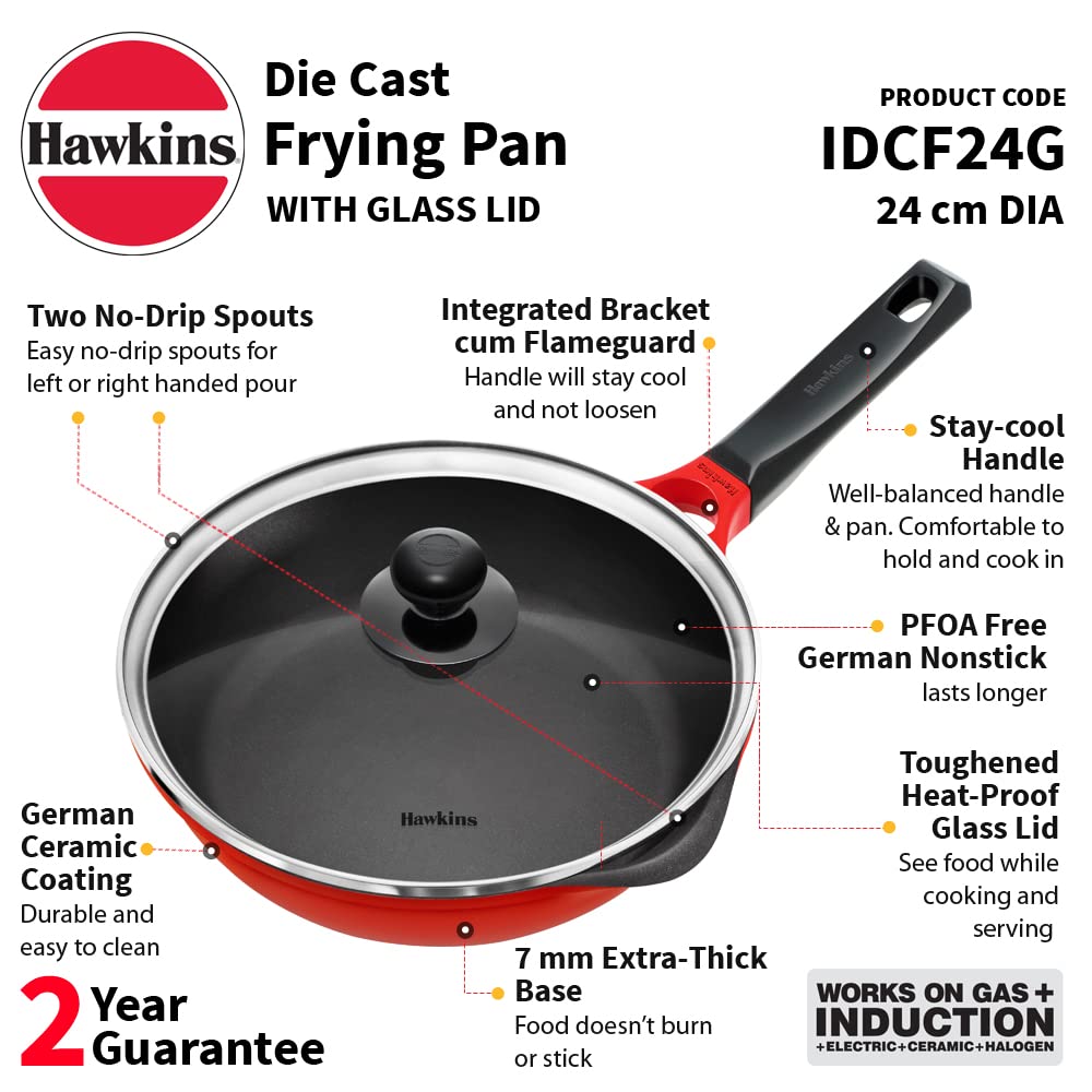 Hawkins Die-Cast Nonstick Induction Base Frying Pan With Glass Lid - IDCF 24G