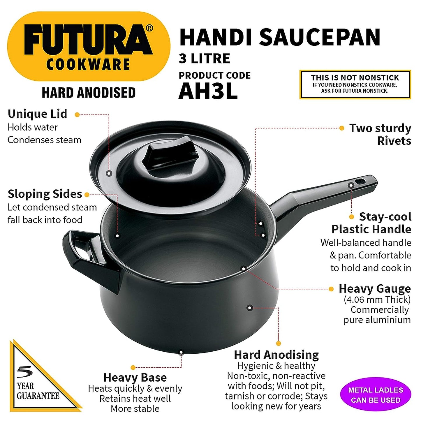 Hawkins Futura Hard Anodised Cook n Serve Handi (Sauce Pan), 1 Long Handle & 1 Short Handle 3 Litres | 21cm, 4.06mm - AH 3L