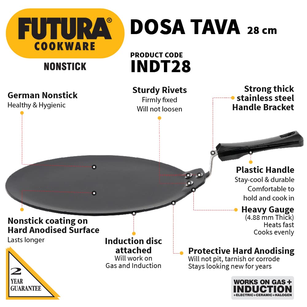Hawkins Futura Non-stick Induction Base Dosa Tava 28cms, 4.88mm - INDT 28