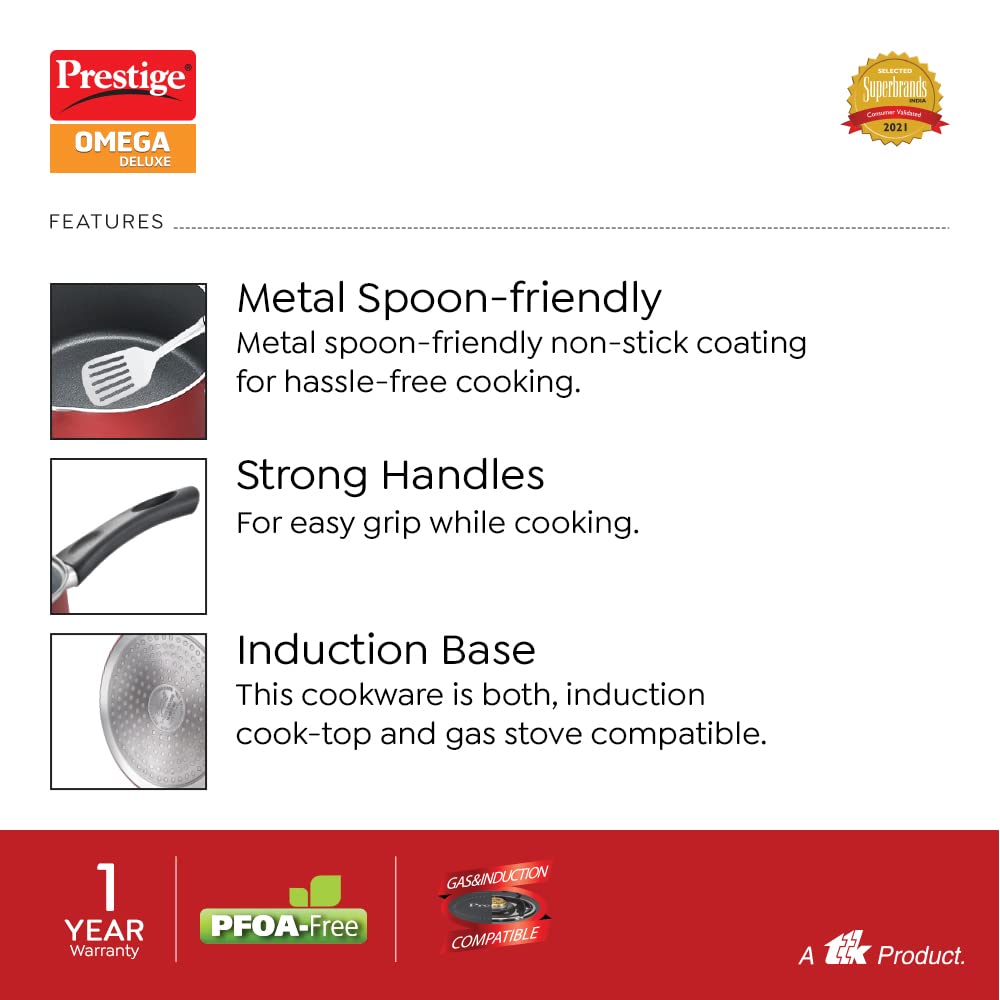Prestige Omega Deluxe Aluminium Induction Base Non-Stick Milk Pan 160mm with Glass Lid, (Red) - 36728