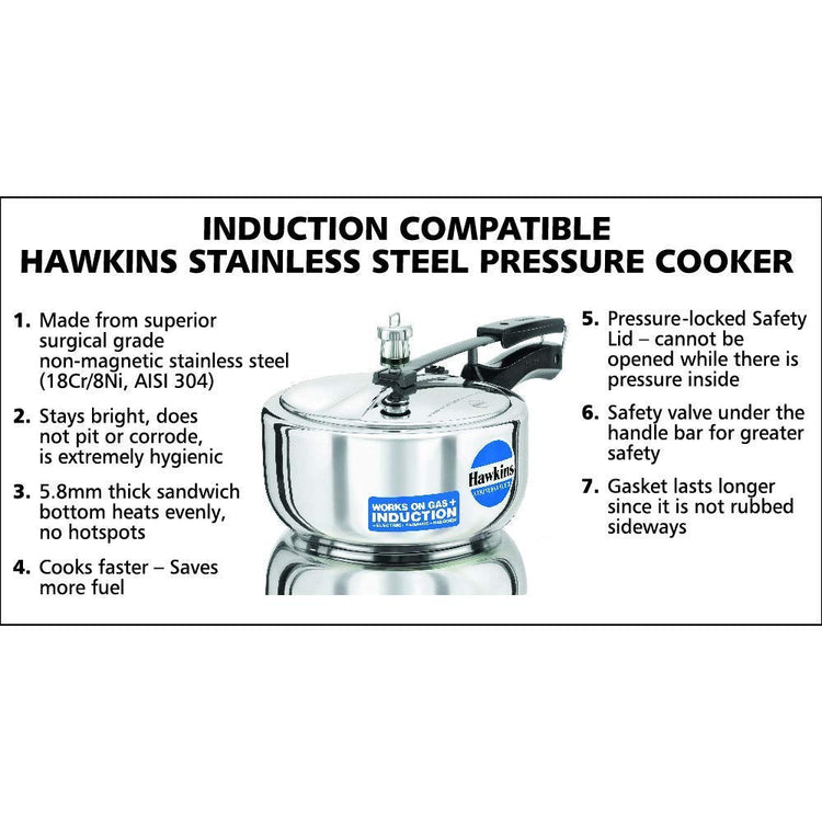 Hawkins Stainless Steel Induction Compatible Inner Lid Pressure Cooker, 3 Litres Wide - HSS3W