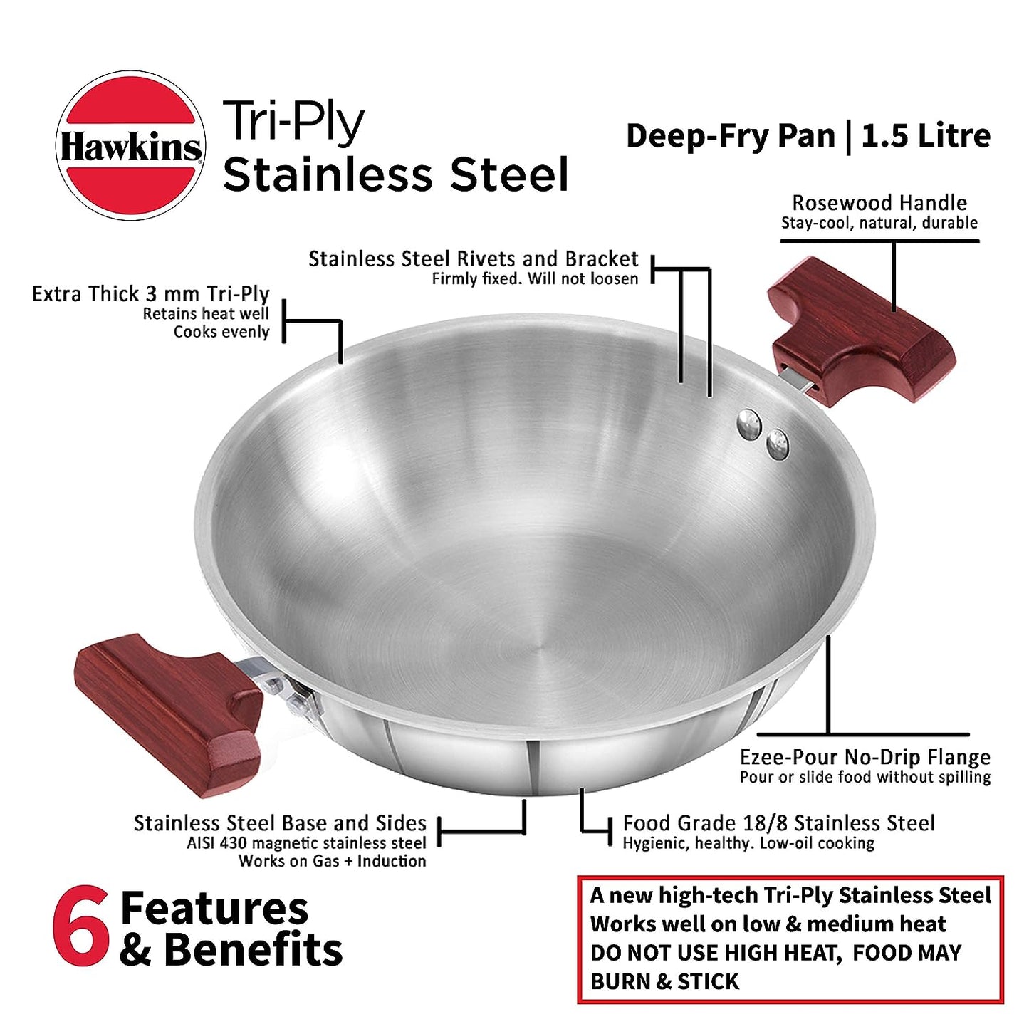 Hawkins Triply Stainless Steel Deep Fry Pan | Kadhai 1.5 Litres | 22cms, Flat Bottom Induction Base - SSD 15
