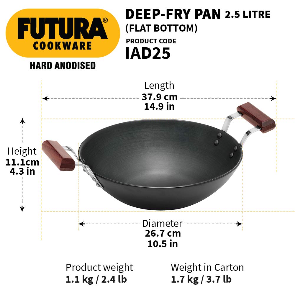 Hawkins Futura Hard Anodised Flat Bottom Induction Compatible Deep Fry Pan 2.5 Litres | 26 cms, 4.06mm - IAD 25