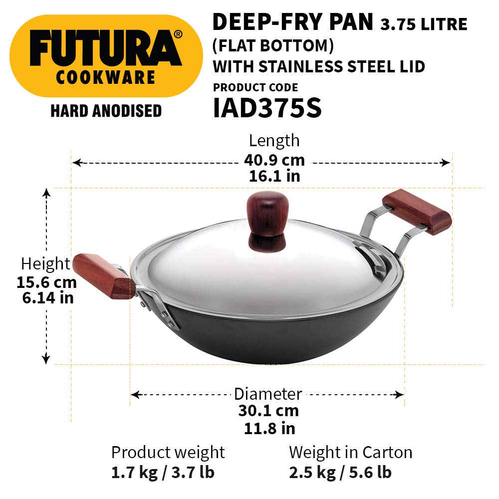 Hawkins Futura Hard Anodised Flat Bottom Induction Compatible Deep Fry Pan With Stainless Steel Lid 3.75 Litres | 30 cms, 4.06mm - IAD 375S
