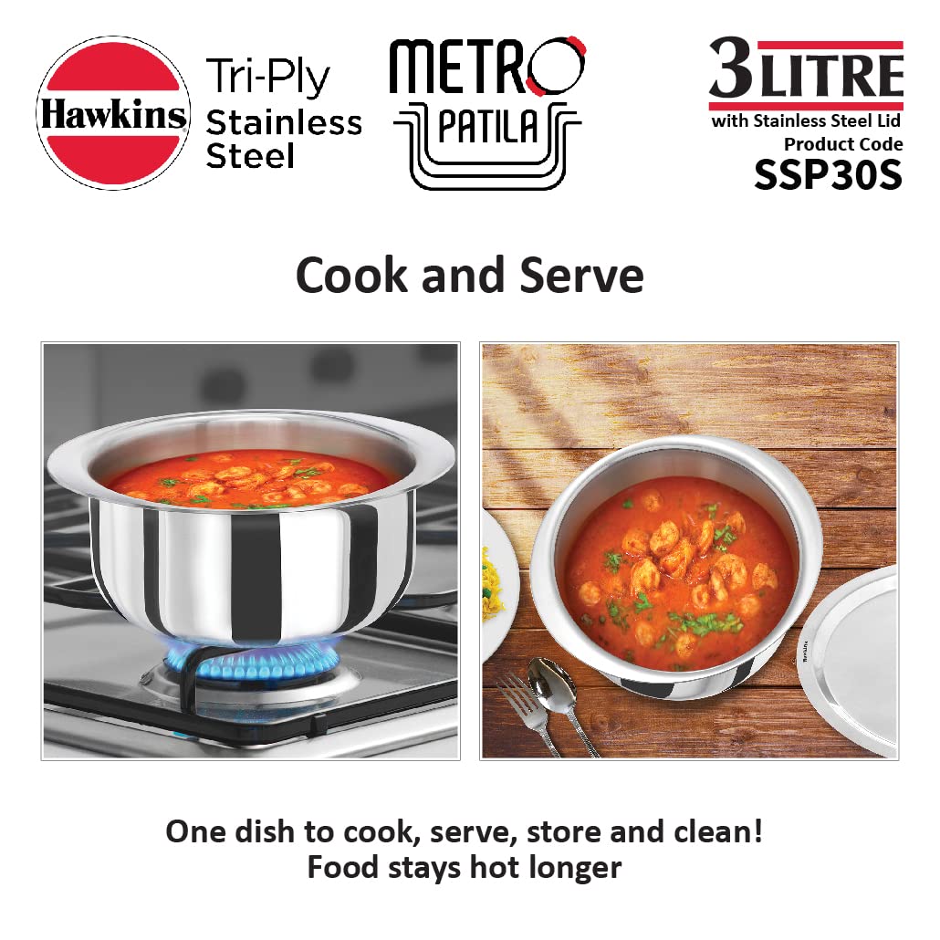 Hawkins 3 Litres Metro Patila, Triply Stainless Steel Tope With Stainless Steel Lid, Induction Bhagona, Tapeli 21cms - SSP30S