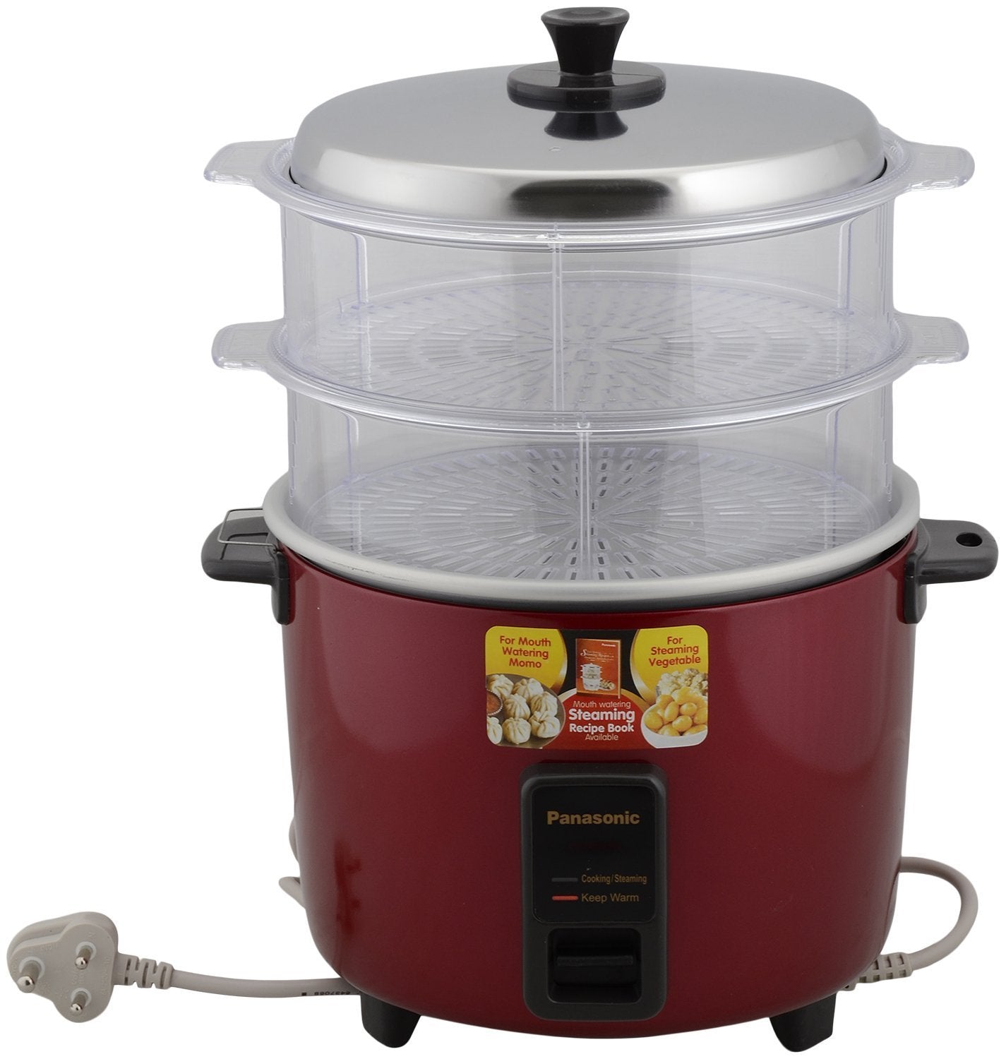 Panasonic SR-WA22H(SS) 2.2 Litre | 750 Watts Electric Rice Cooker / Food Steamer / Momo Cooker / Warmer Series With Double Basket - Metallic Burgandy