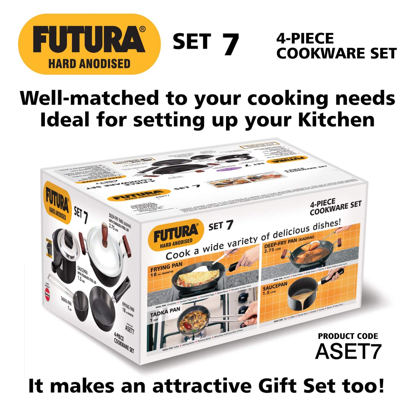 Hawkins Futura 4 Pieces Hard Anodised Cookware Set 7 - 1 Cup Tadka Pan, 18cm Fry Pan, 2.75 Litre Kadhai With SS Lid and 1.5 Litre Suace Pan With SS Lid - ASET7