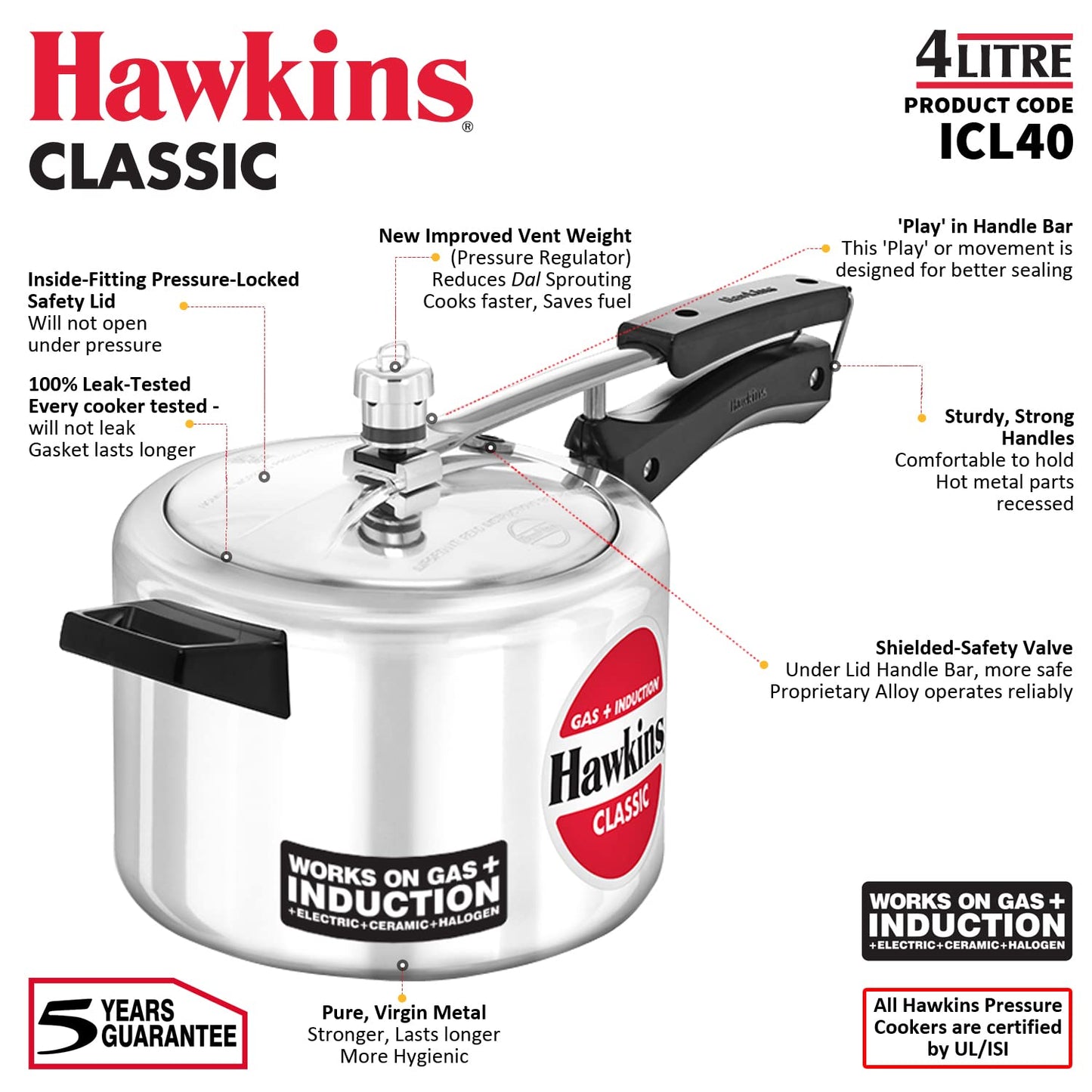 Hawkins Classic 4 Litres Tall Induction Base Aluminium Inner Lid Pressure Cooker - ICL40