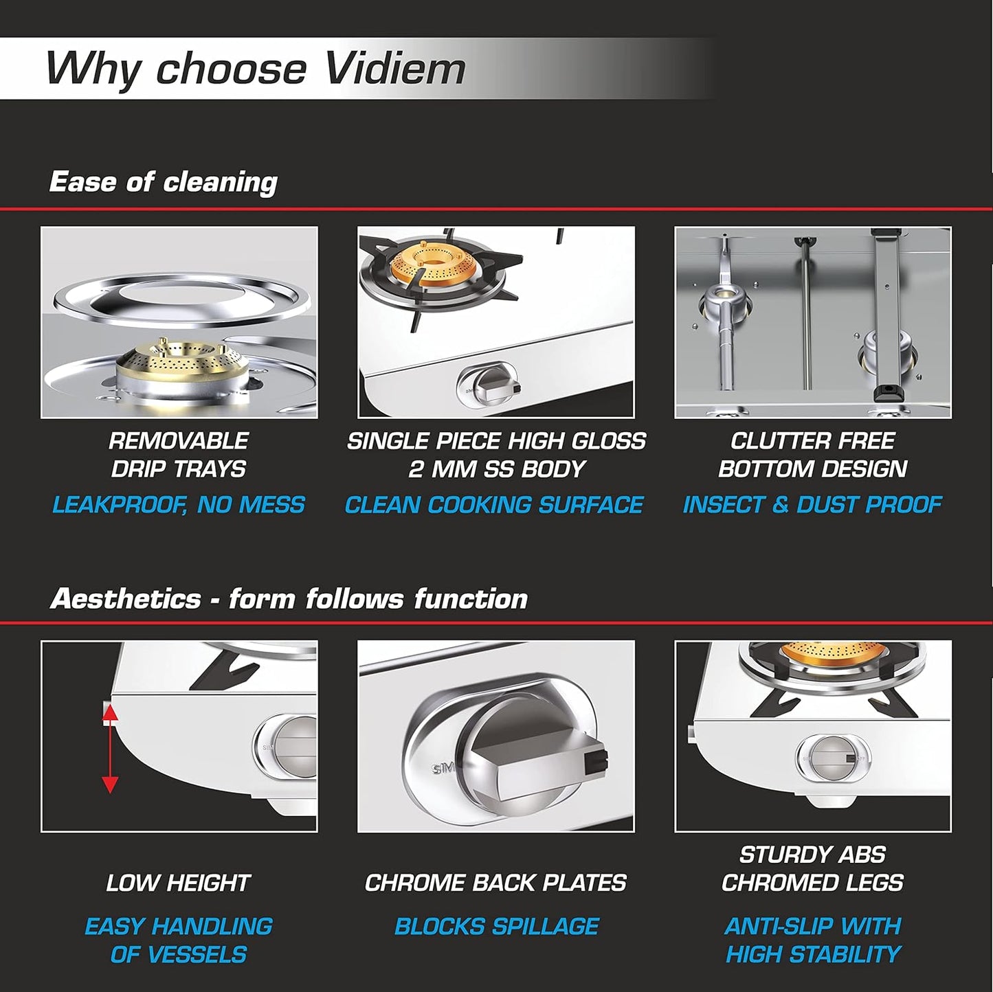 Vidiem Tusker Stainless Steel 2 Burner Glass Top Gas Stove
