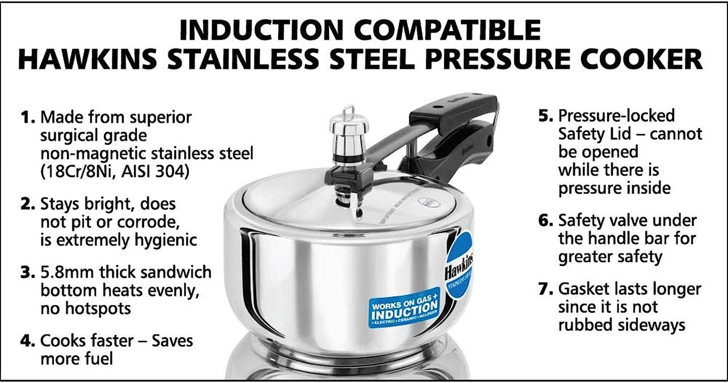 Hawkins Stainless Steel Induction Compatible Inner Lid Pressure Cooker, 2 Litres - HSS20