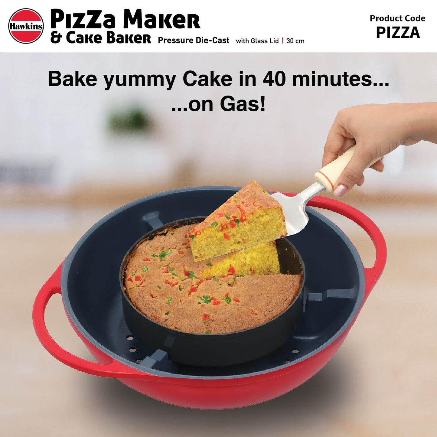 Hawkins Diecast 30cms Nonstick Pizza Maker and Cake Baker with Glass Lid, Gas Oven, Pizza Oven Toaster Griller Tandoor Barbecue, Cake Baking Pan, Red - PIZZA