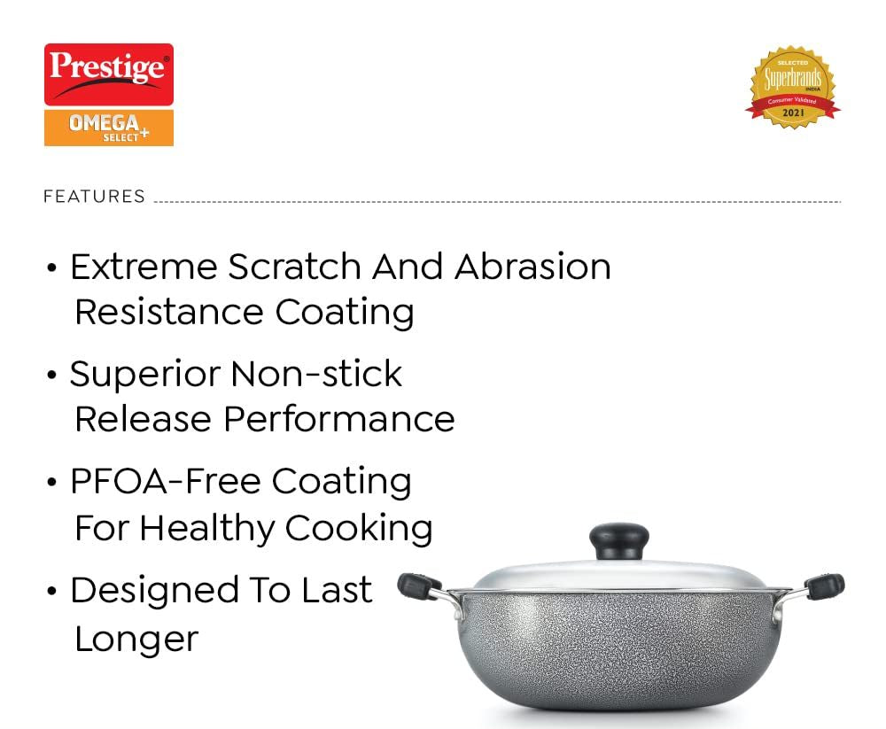 Prestige Omega Select Plus Non-Stick Aluminium RB Kadhai with Lid, 20cms - 30719