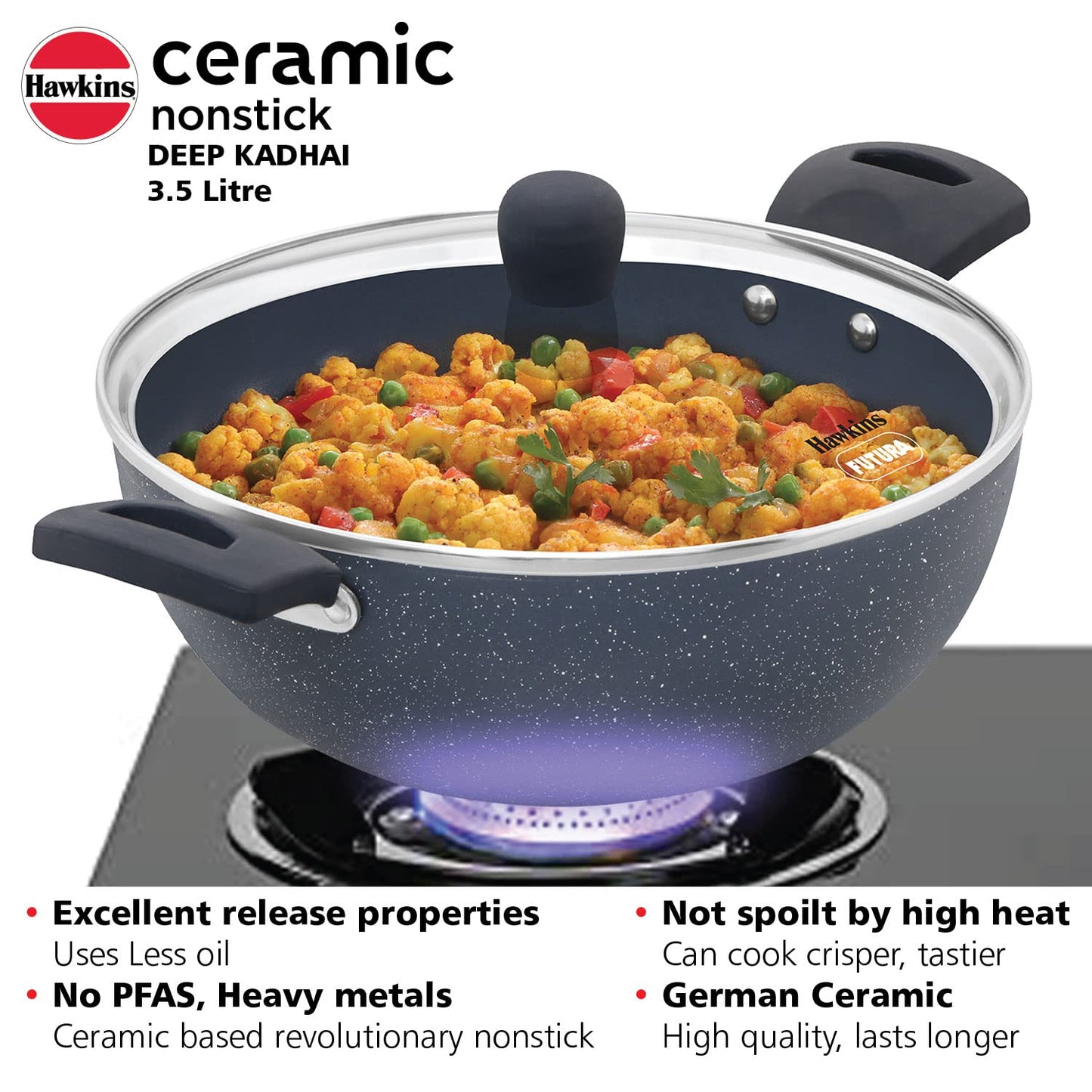 Hawkins Ceramic Nonstick 3.5 Litres Induction Base Granite Deep Kadhai With Glass Lid 26 cms- ICK35G