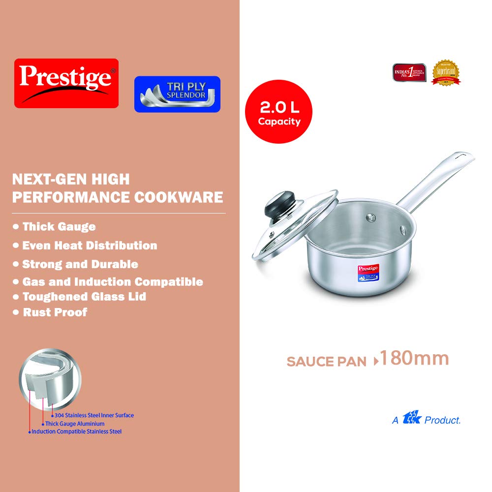 Prestige Tri-ply Splender Stainless Steel Sauce Pan with Lid 180mm | 2 Litres - 37418