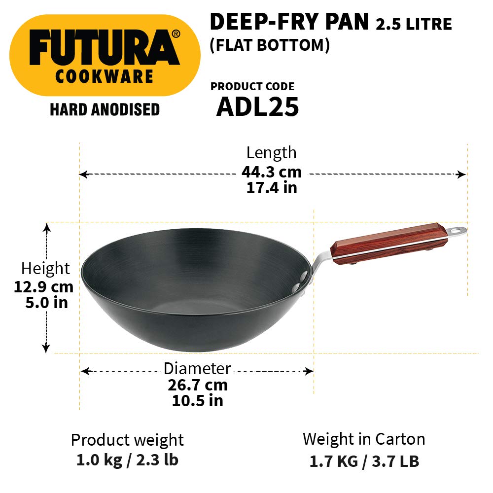Hawkins Futura Hard Anodised Flat Bottom Long Handle Deep Fry Pan 2.5 Litres | 26 cms, 4.06mm - ADL 25