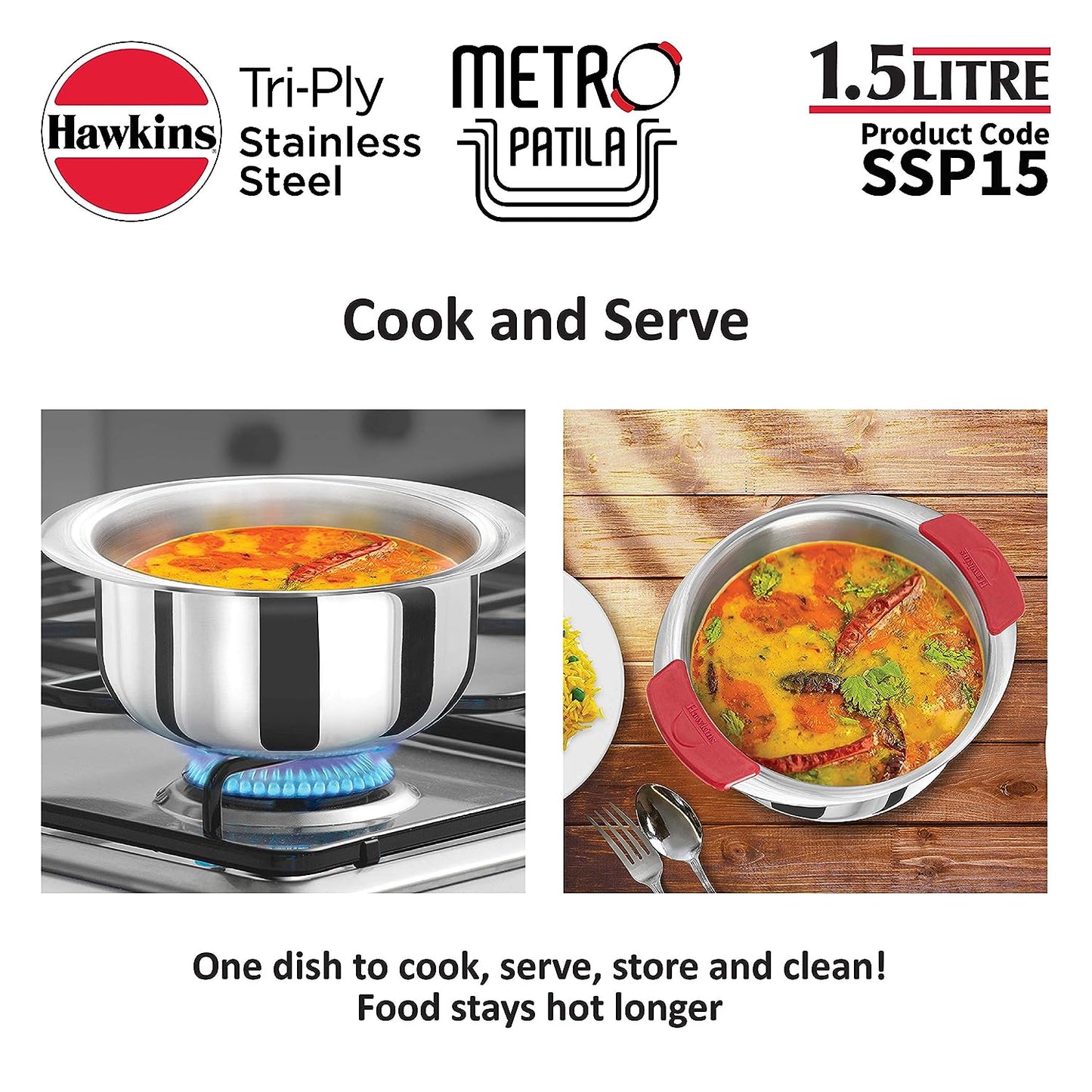 Hawkins 1.5 Litres Metro Patila, Triply Stainless Steel Tope, Induction Bhagona, Tapeli 16.5cms - SSP15
