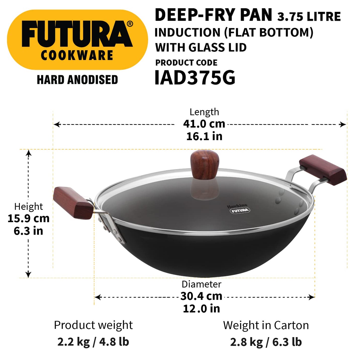 Hawkins Futura Hard Anodised Flat Bottom Induction Base Deep Fry Pan With Glass Lid 3.75 Litres | 30 cms, 4.06mm - IAD 375G