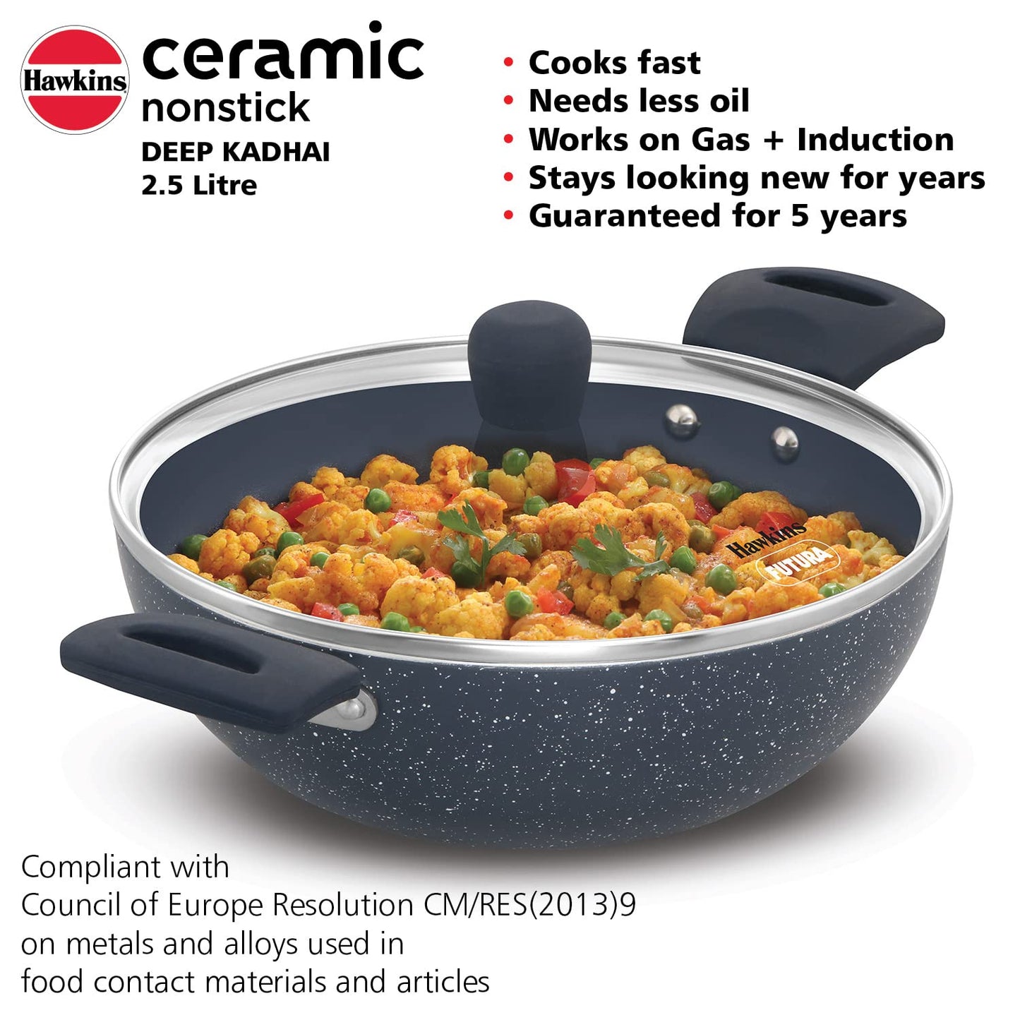 Hawkins Ceramic Nonstick 2.5 Litres Induction Base Granite Deep Kadhai With Glass Lid 24 cms- ICK25G