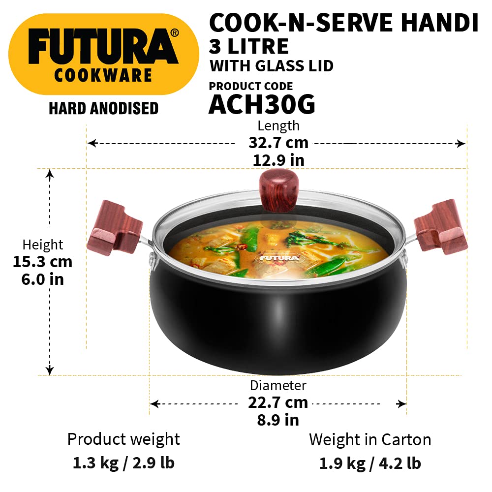 Hawkins Futura Hard Anodised Cook n Serve Handi With Glass Lid 3 Litres | 22cm, 3.25mm - ACH 30G
