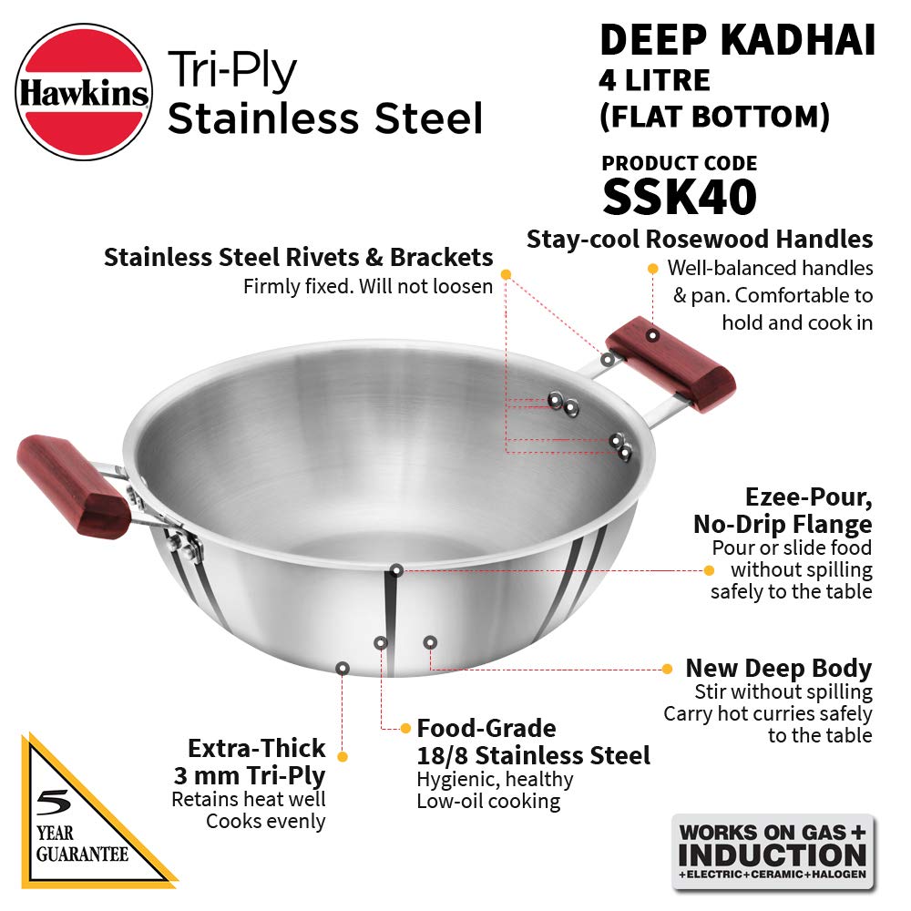 Hawkins Triply Stainless Steel Deep Kadhai 4 Litres | 28cms, Flat Bottom Induction Base - SSK 40