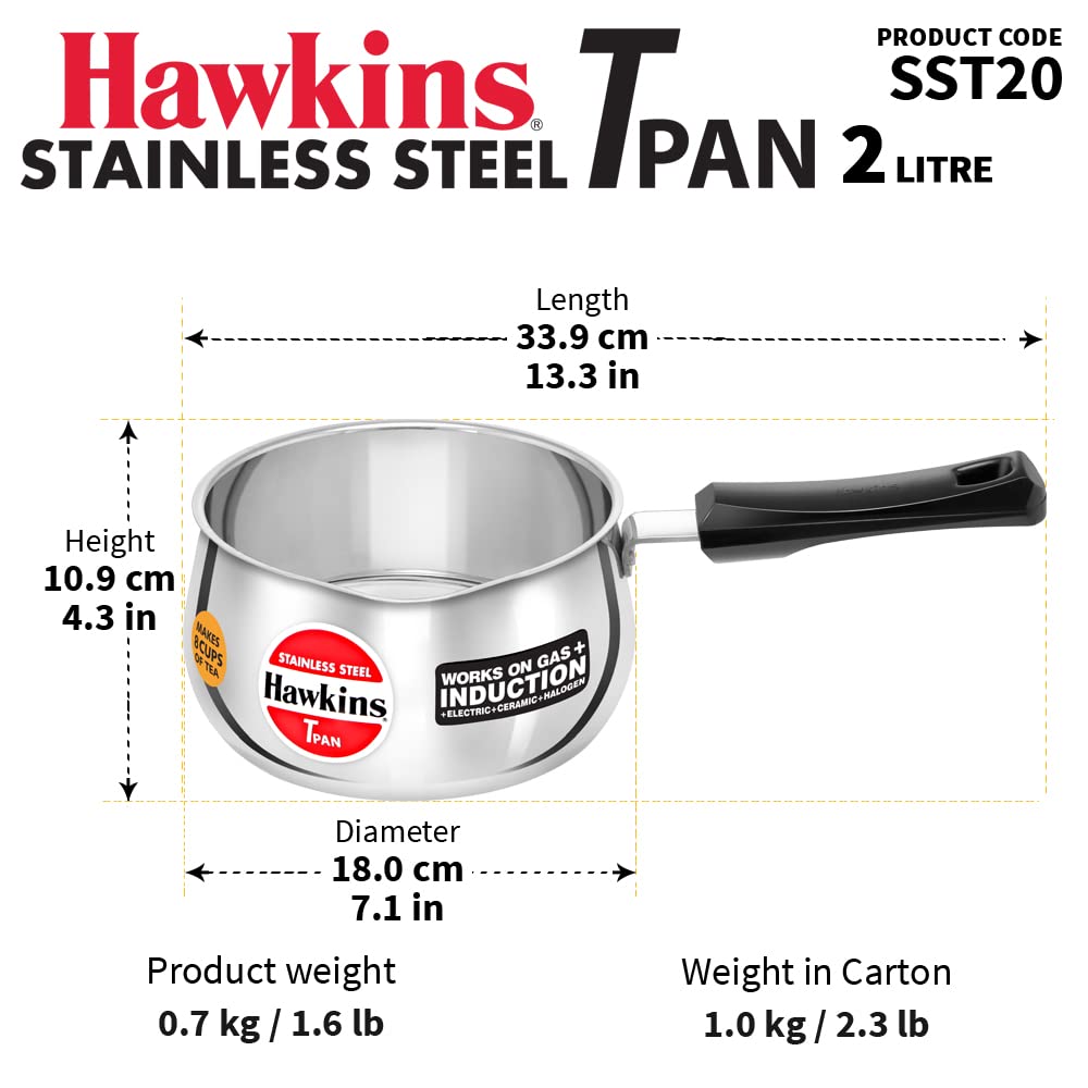 Hawkins 2 Litres Tpan, Stainless Steel Tea Pan, Induction Base Sauce Pan, Chai Pan, Small Pan - SST20