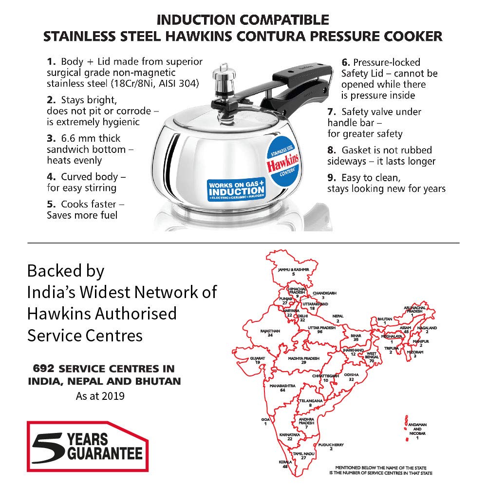 Hawkins Stainless Steel Contura Induction Compatible Inner Lid Pressure Cooker, 2 Litres - SSC20
