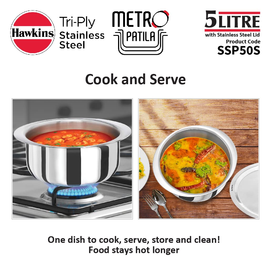 Hawkins 5 Litres Metro Patila, Triply Stainless Steel Tope With Stainless Steel Lid, Induction Bhagona, Tapeli 24.3cms - SSP50S