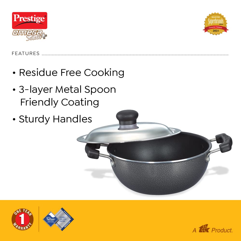 Prestige Omega Select Plus Non-Stick Aluminium Flat Base Kadhai with Lid, 20cm, 2.2 Liters - 30730