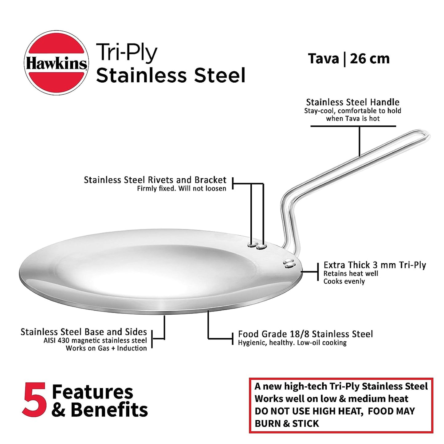 Hawkins Tri-Ply Stainless Steel Tava 26 cm, 3.5mm Induction Compatible - SSTV 26