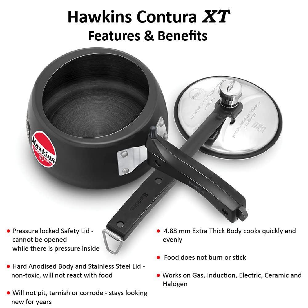 Hawkins Contura Black XT Hard Anodized Inner Lid Pressure Cooker, 1.5 Liters - CXT15