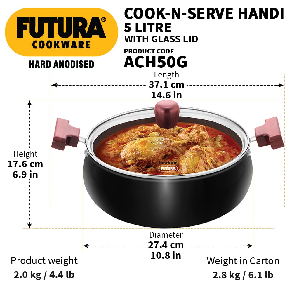 Hawkins Futura Hard Anodised Cook n Serve Handi With Glass Lid 5 Litres | 26cm, 3.25mm - ACH 50G