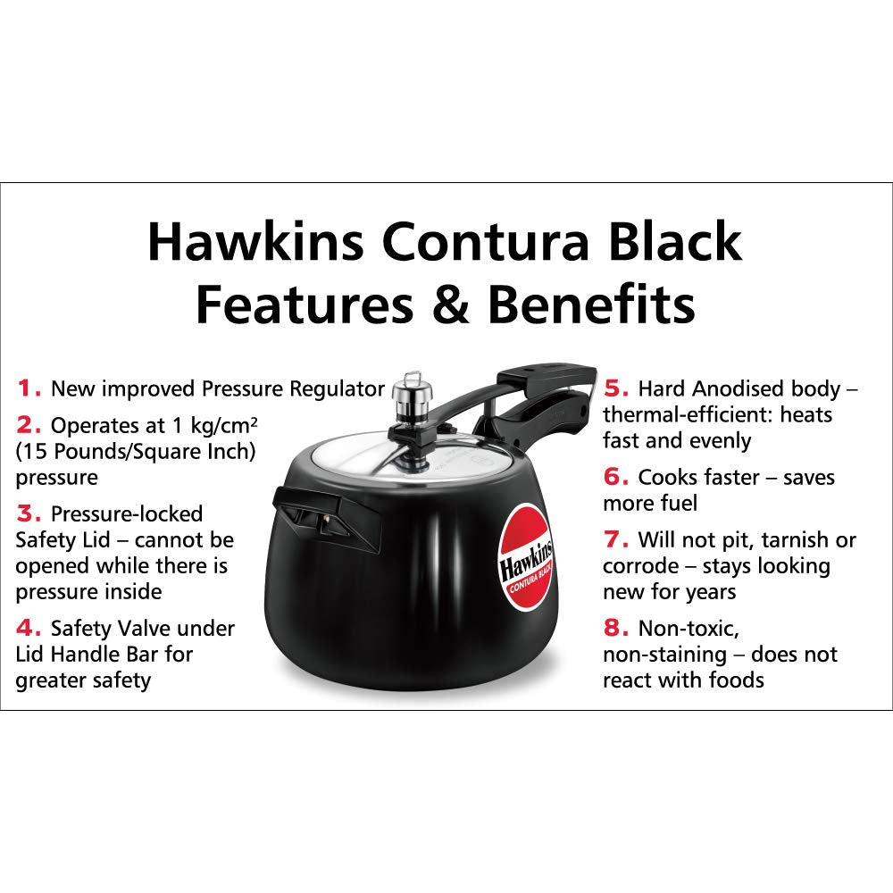 Hawkins Contura Hard Anodized Pressure Cooker, 4 Liters, Black - CB40