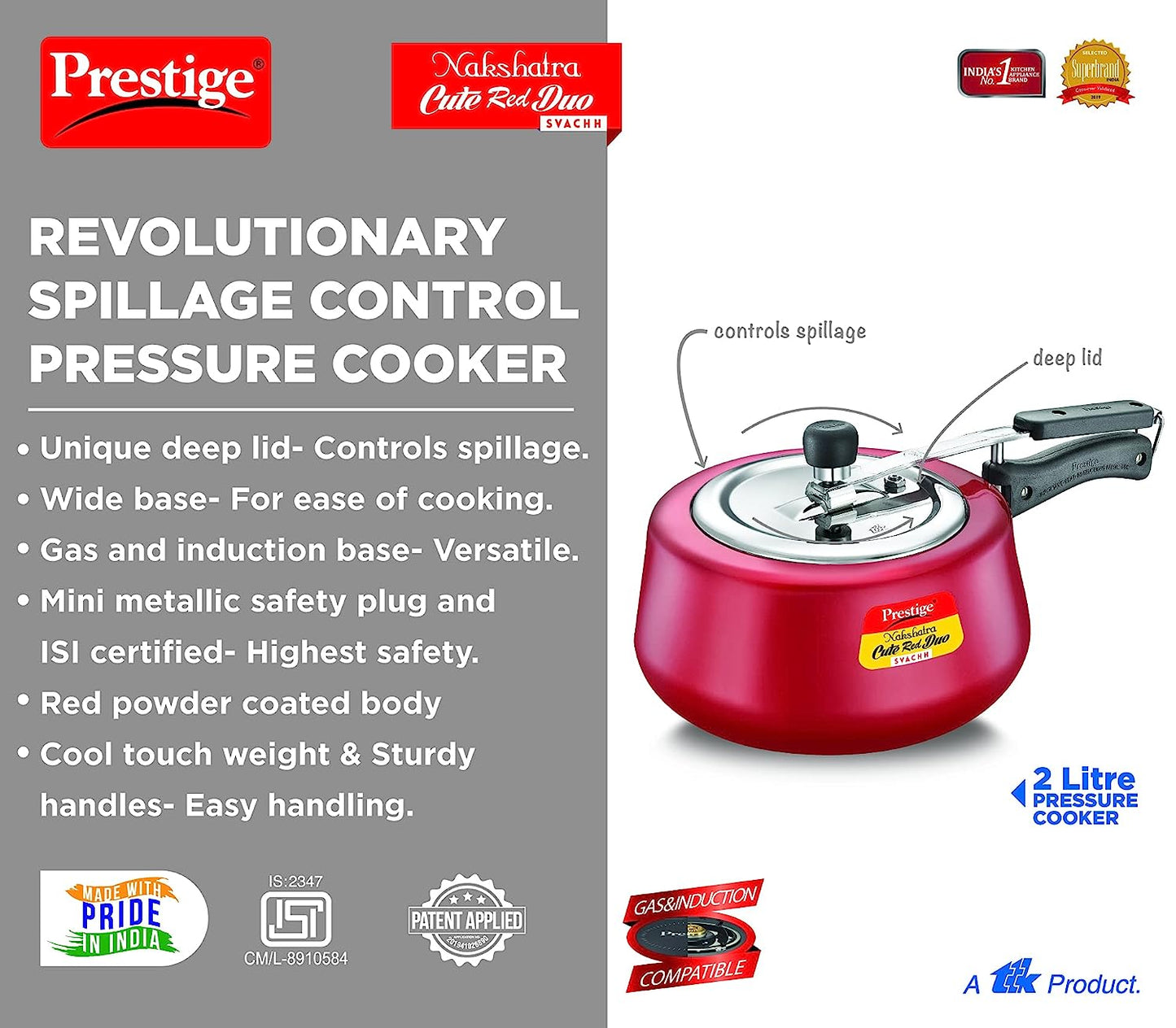 Prestige Nakshatra Cute Duo Svachh Aluminium Inner Lid Pressure Cooker, 2 Litres, Red - 10764